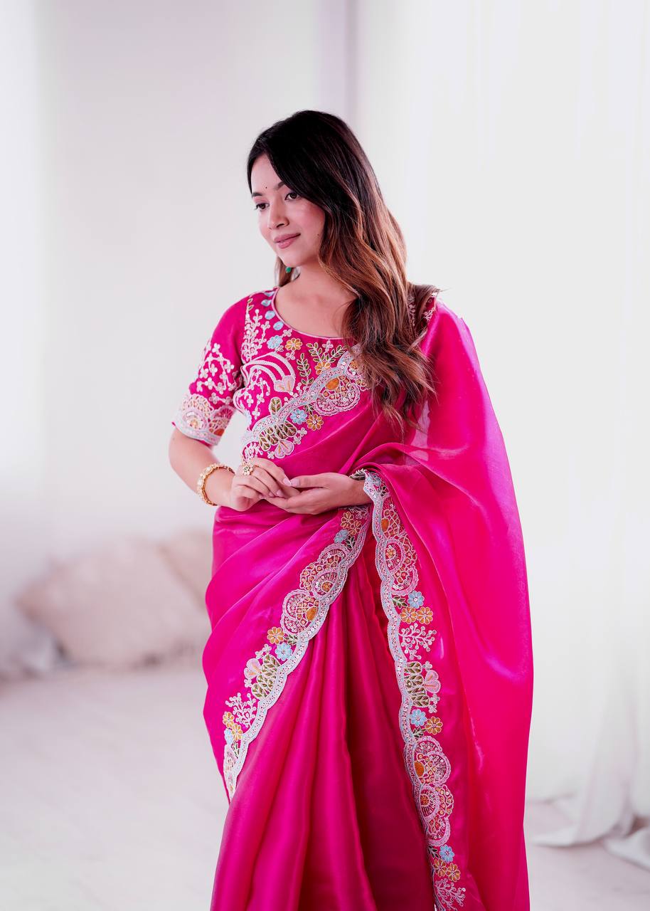 Awesome Pink Jimmy Choo Embroidery Saree