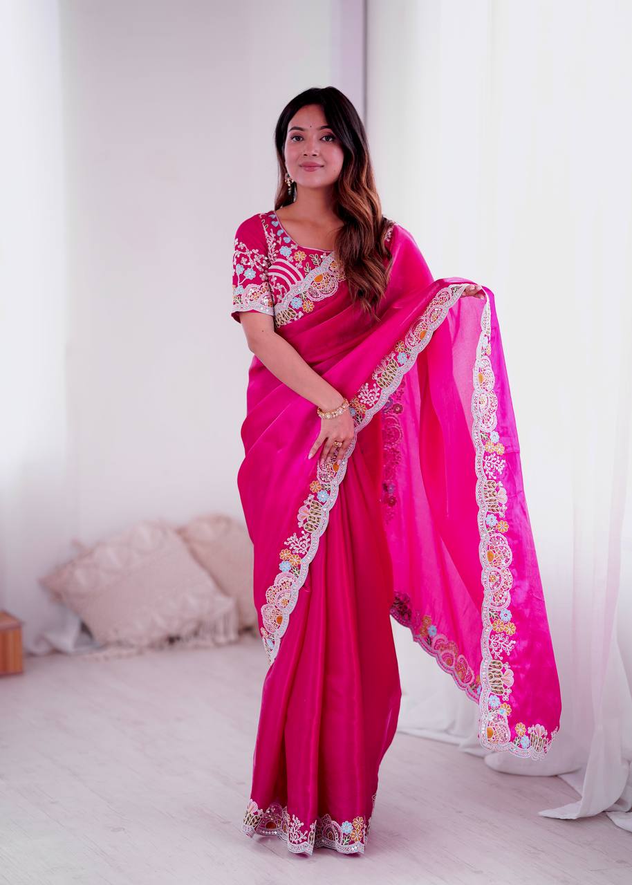 Awesome Pink Jimmy Choo Embroidery Saree