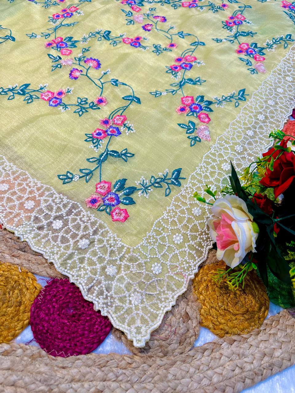Lovely Off White Organza Embroidery Saree