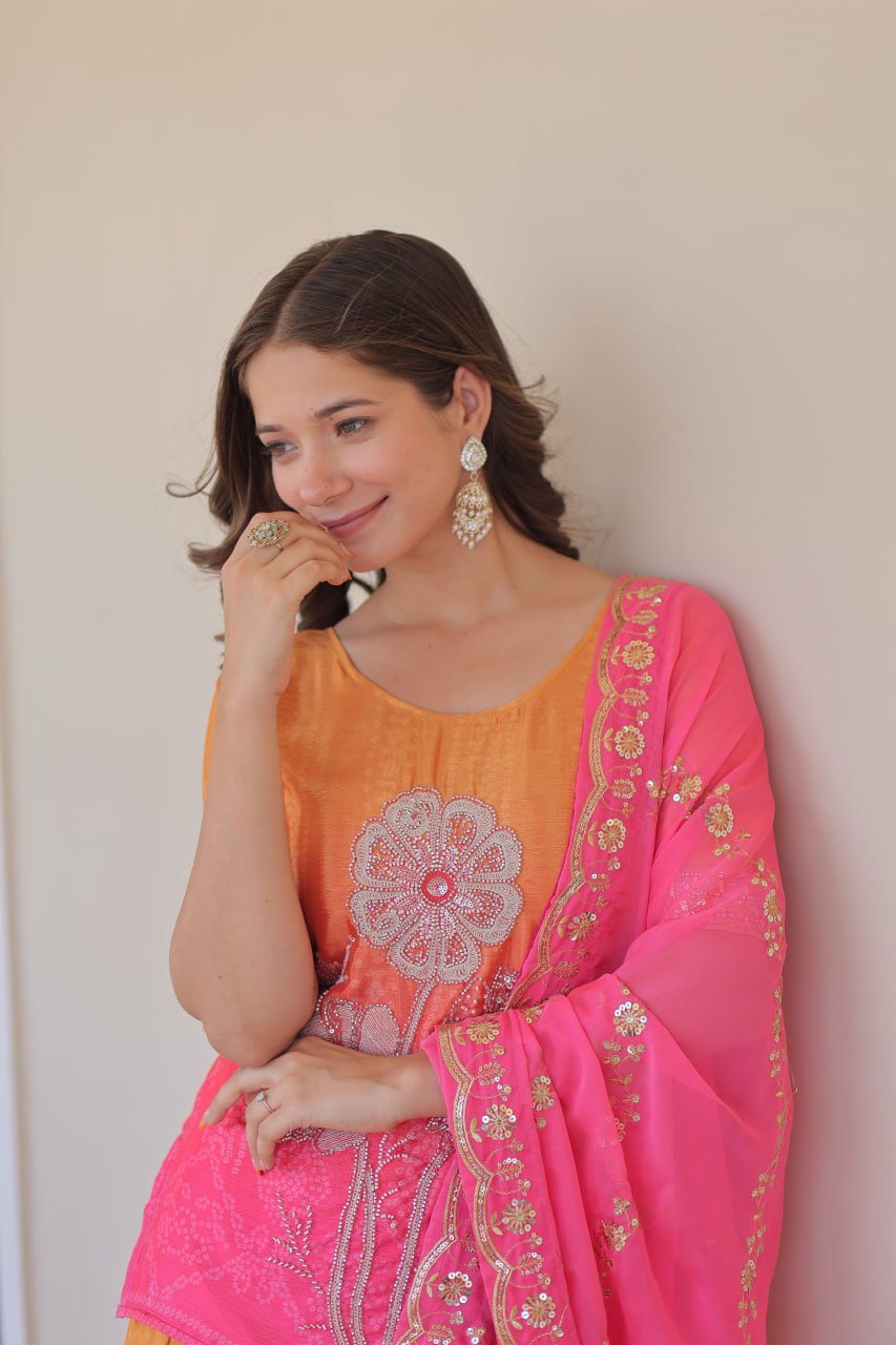 Trendy Pink Chinon Beads Embroidered Sharara Suit