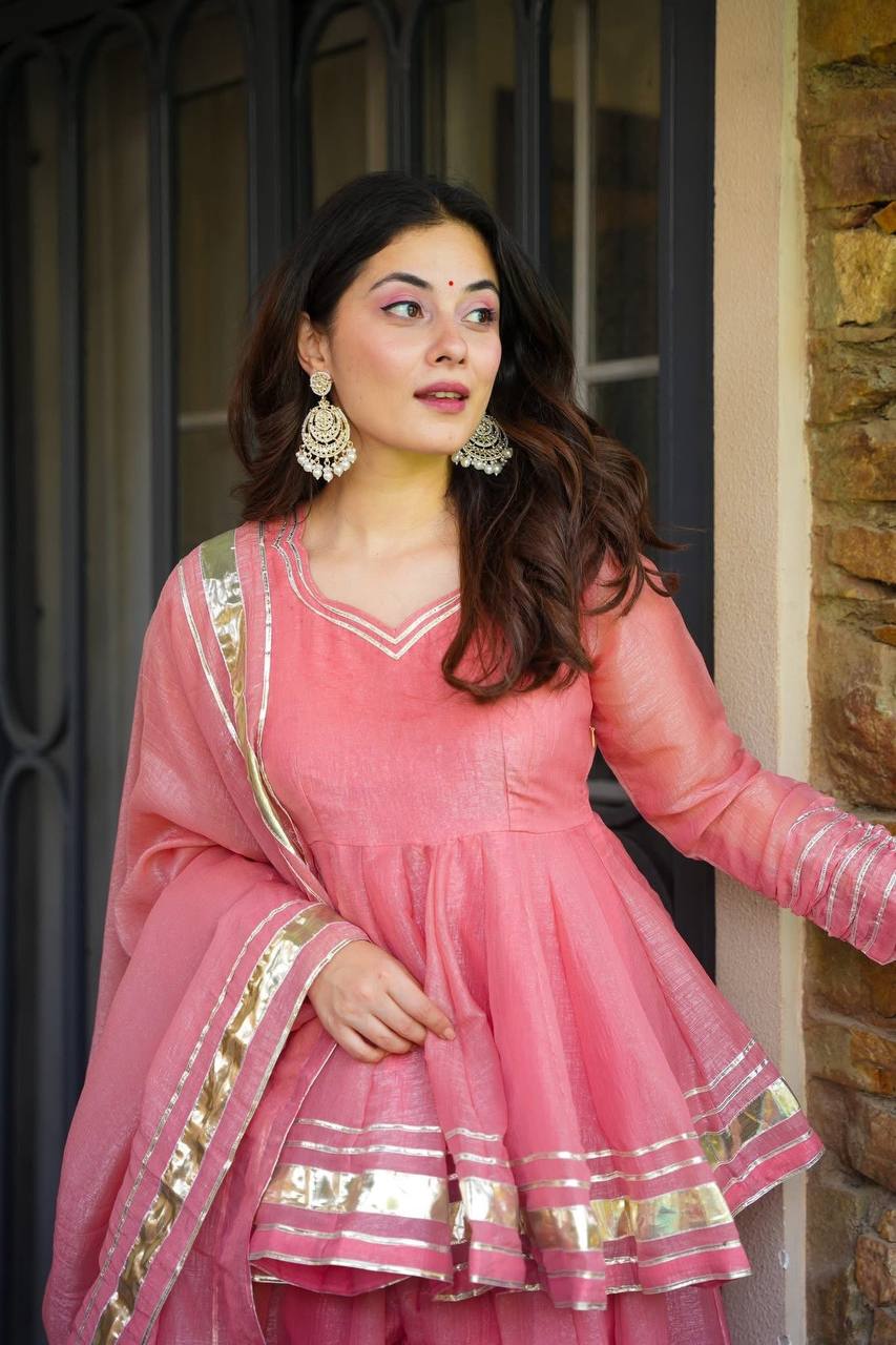 Lovely Pink Organza Lace Work Sharara Suit