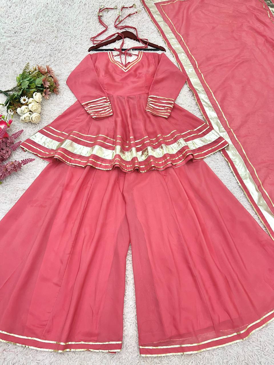 Lovely Pink Organza Lace Work Sharara Suit