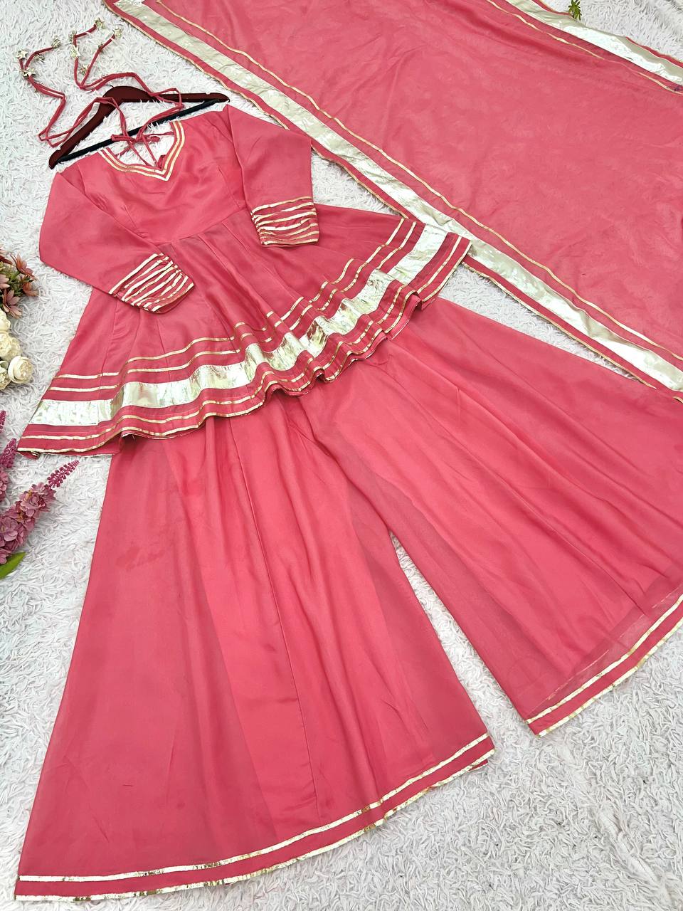 Lovely Pink Organza Lace Work Sharara Suit