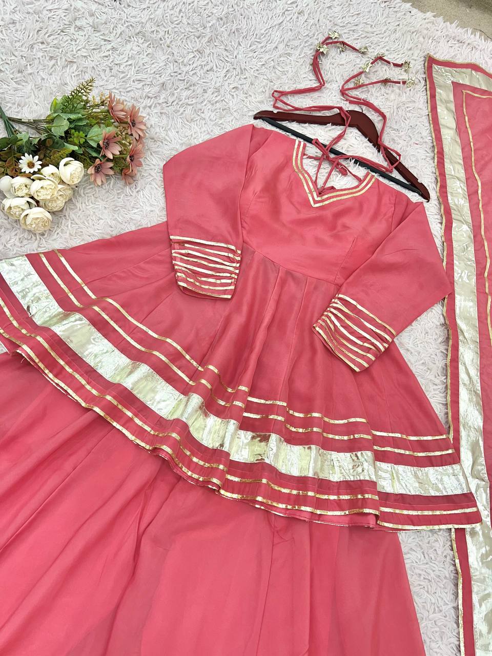 Lovely Pink Organza Lace Work Sharara Suit