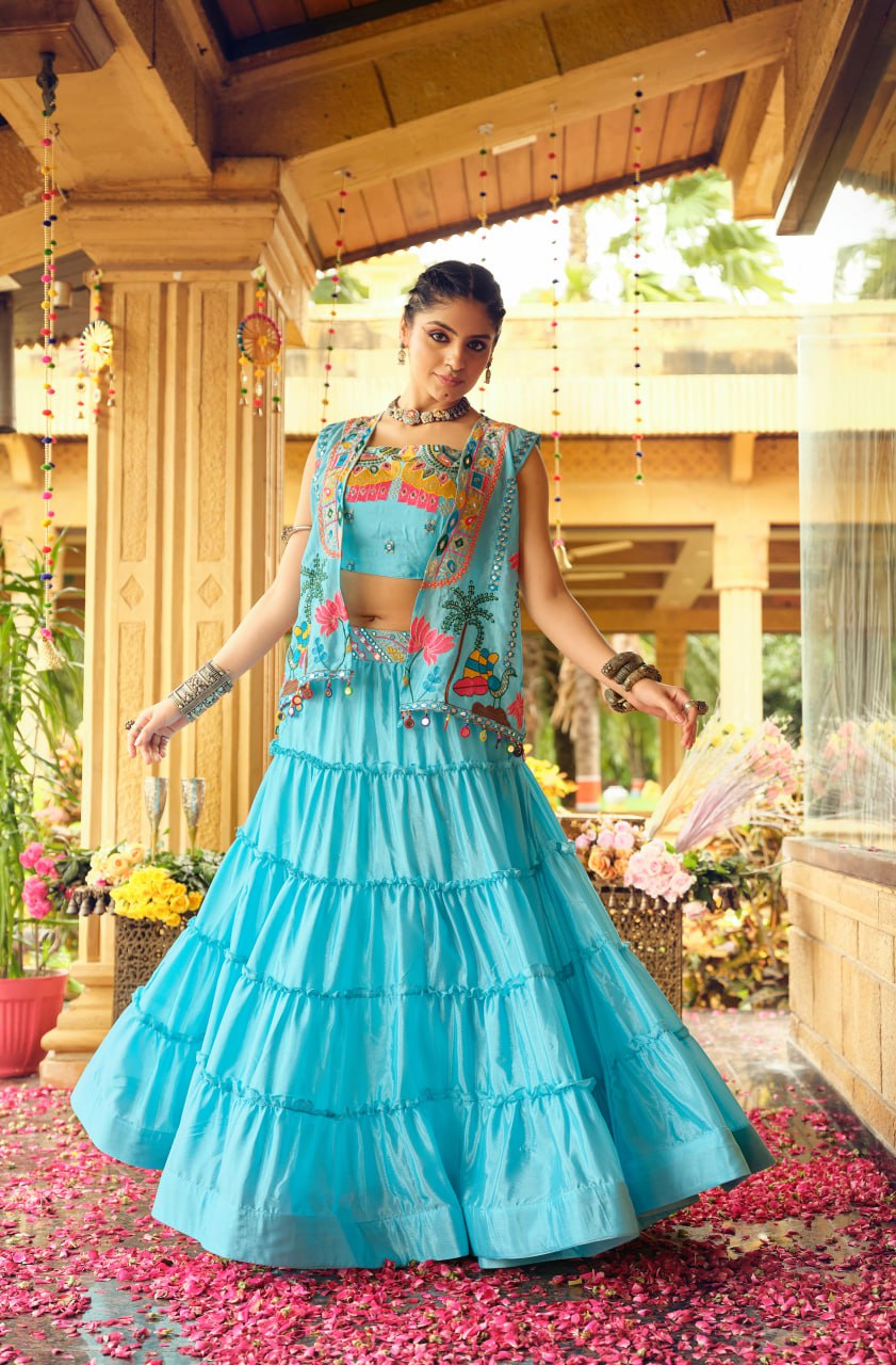 Attractive Sky Blue Chinon Embroidery Lehenga Choli With Koti