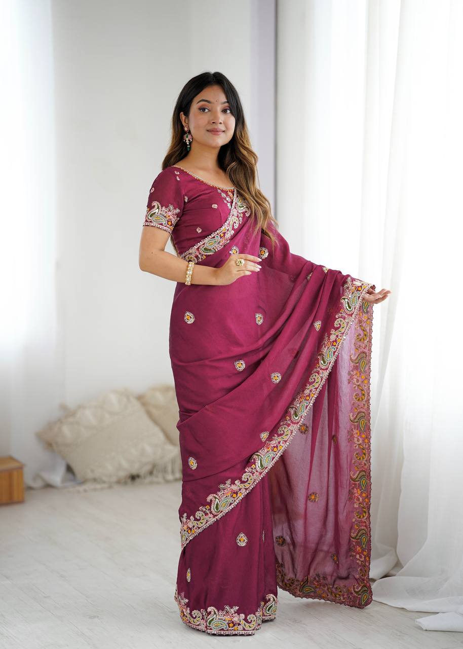 Stylish Wine Crush Work Saree