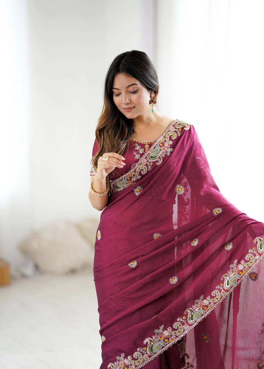 Stylish Wine Crush Work Saree