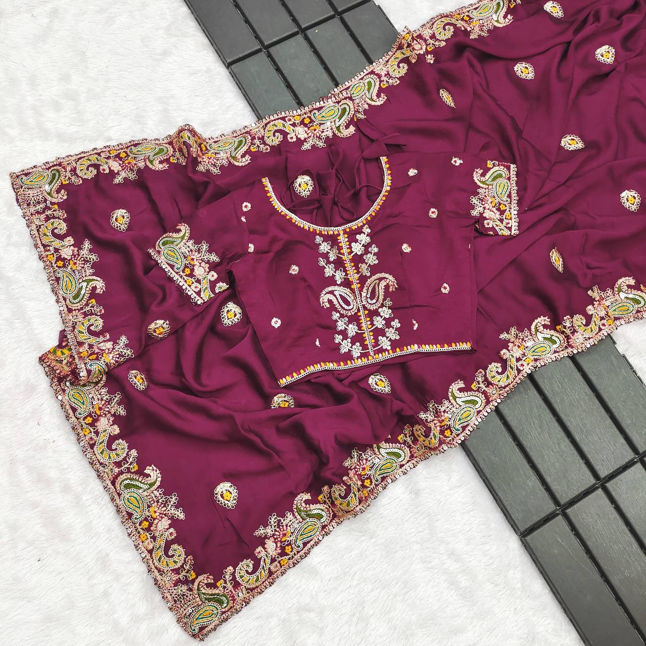 Stylish Wine Crush Work Saree