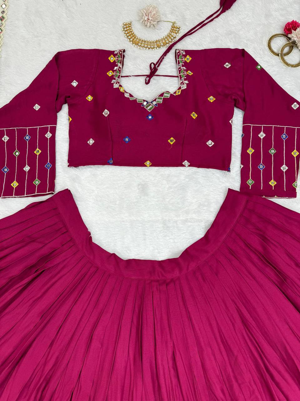 Ravishing Wine Rayon Mirror Work Lehenga Choli