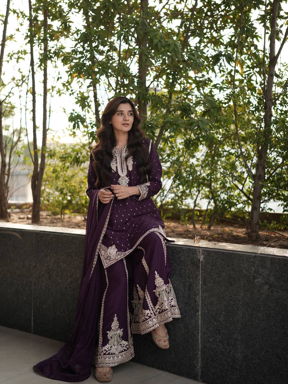 Glorious Wine Georgette Embroidery Sharara Suit