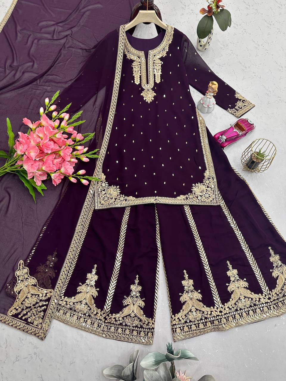 Glorious Wine Georgette Embroidery Sharara Suit