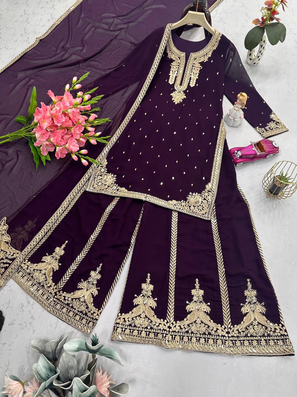 Glorious Wine Georgette Embroidery Sharara Suit