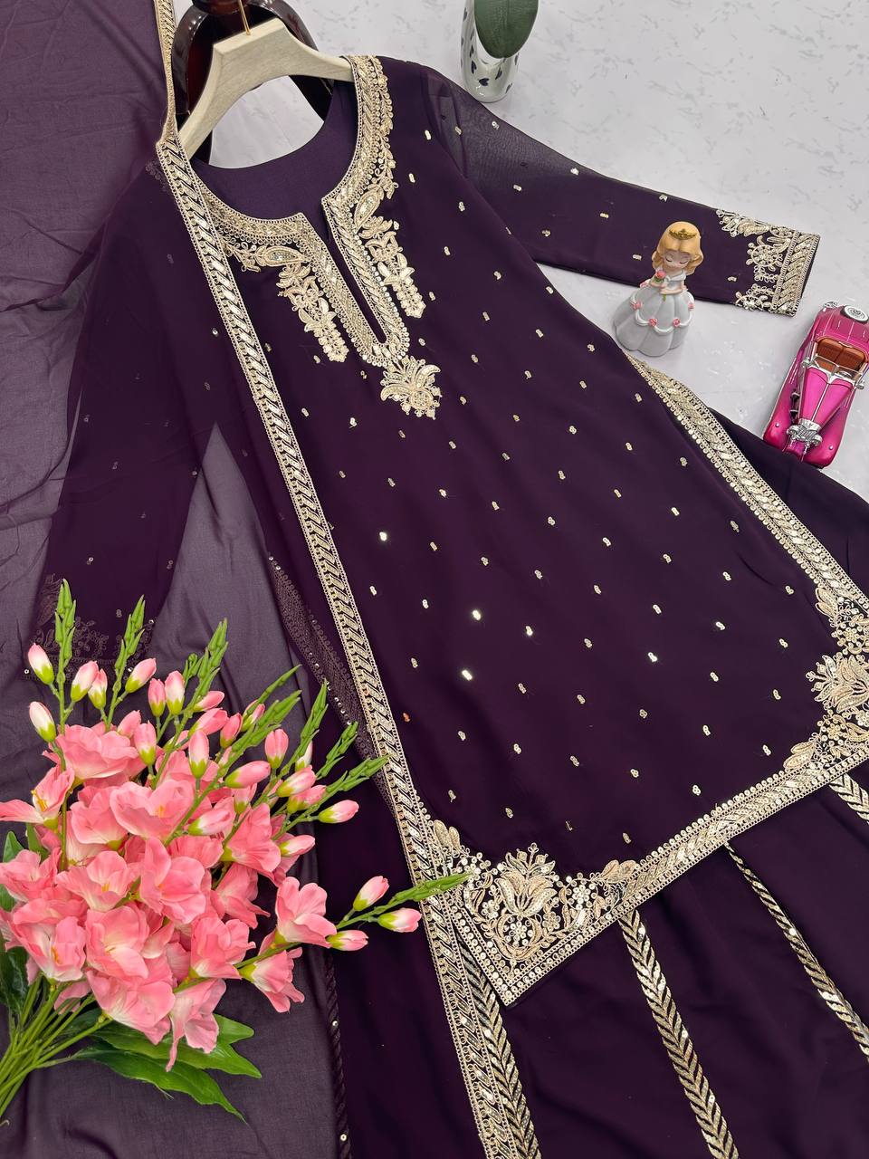 Glorious Wine Georgette Embroidery Sharara Suit