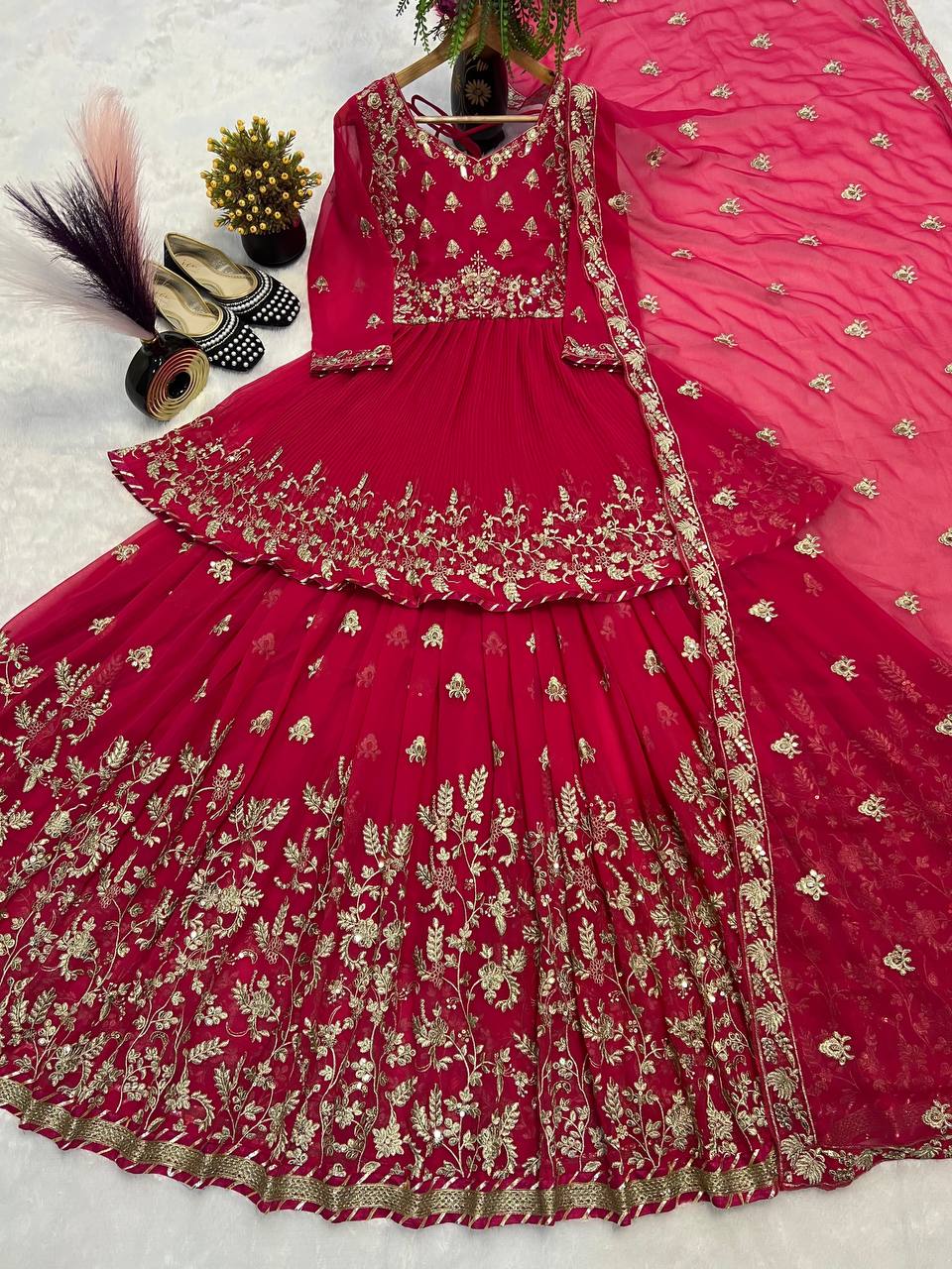 Ravishing Red Georgette Embroidery Work Lehenga Choli With Top