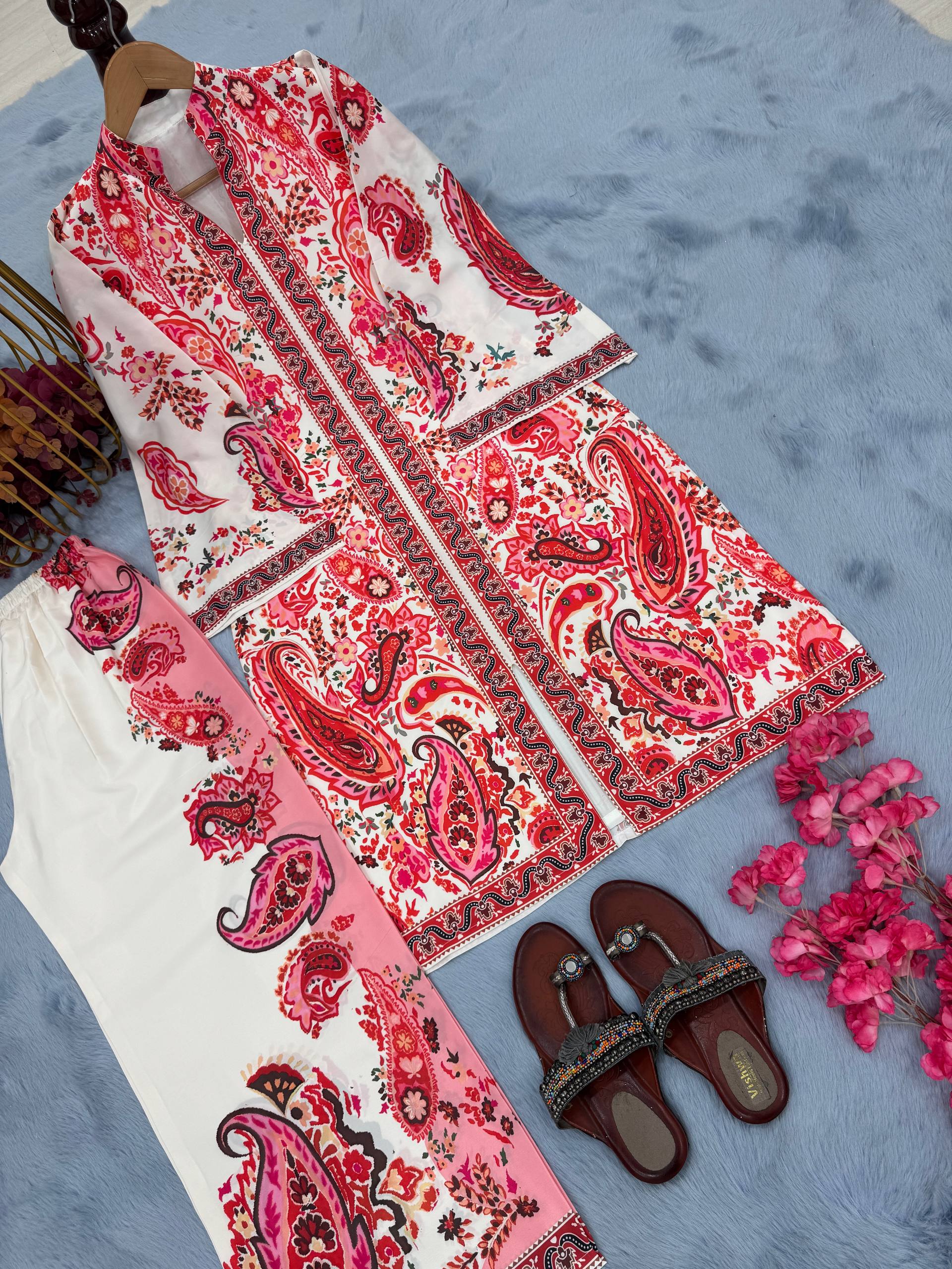 Trendy Red Satin Digital Print Co-ord Set