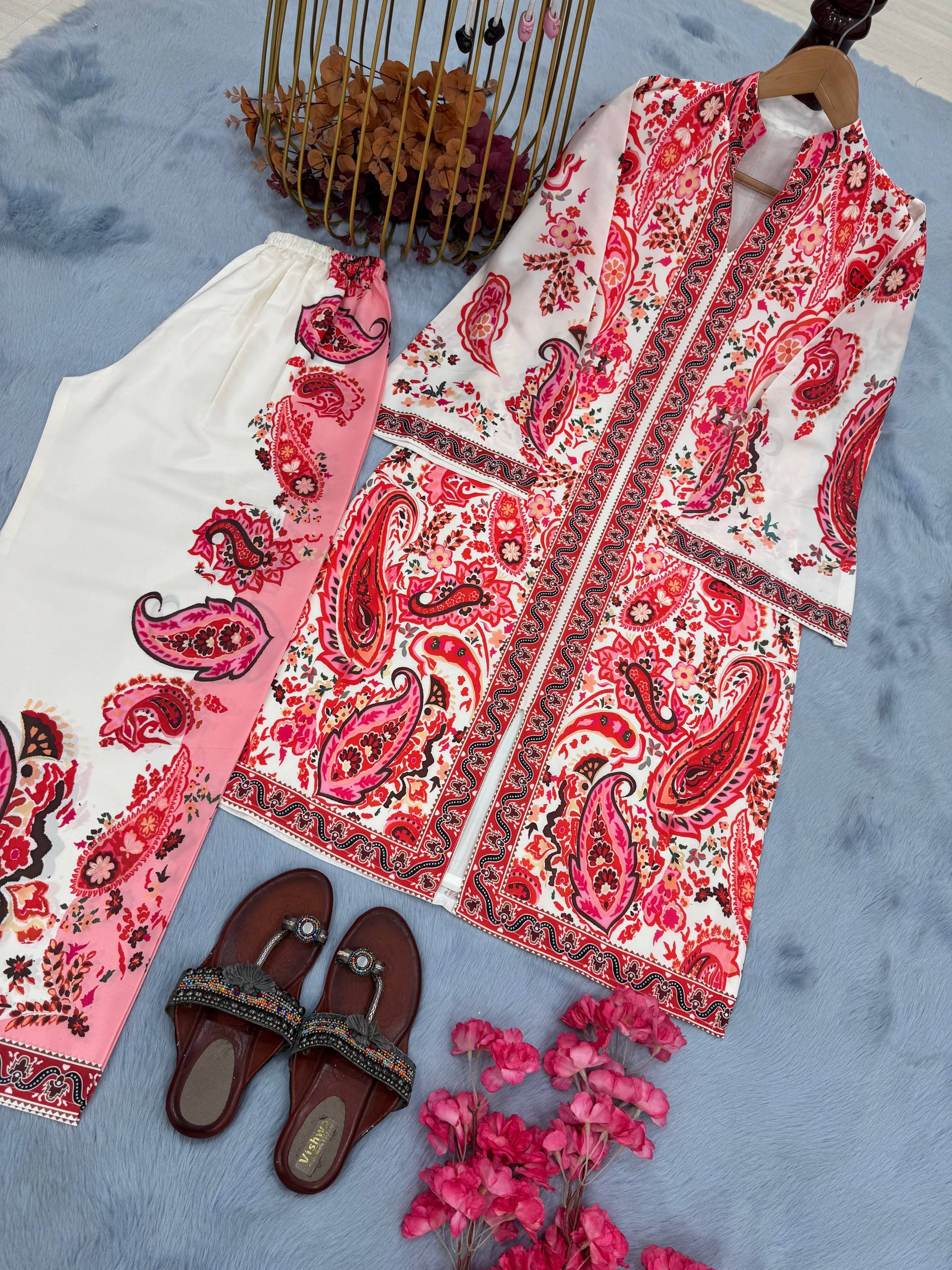 Trendy Red Satin Digital Print Co-ord Set