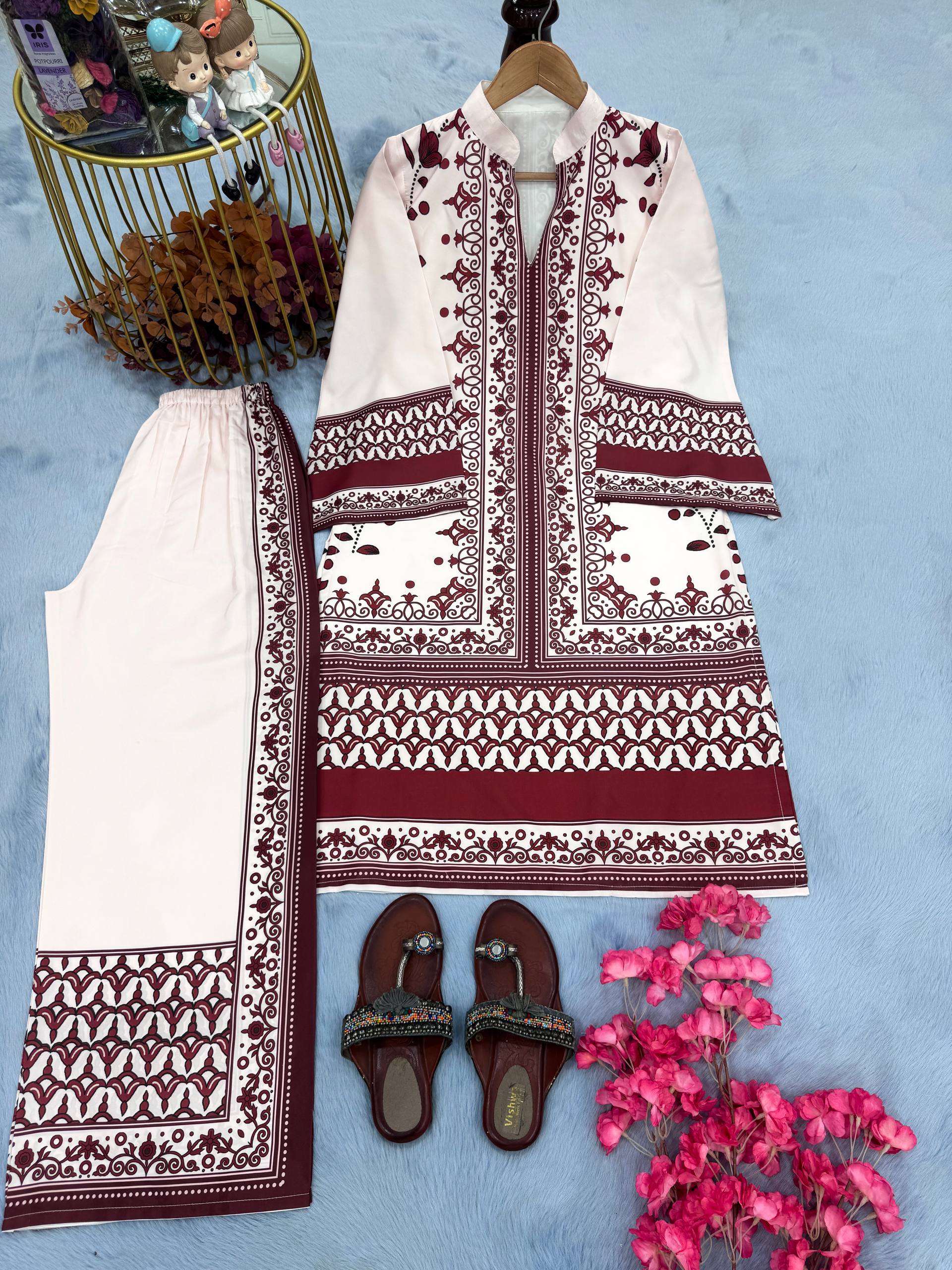Trendy Red Satin Digital Print Co-ord Set