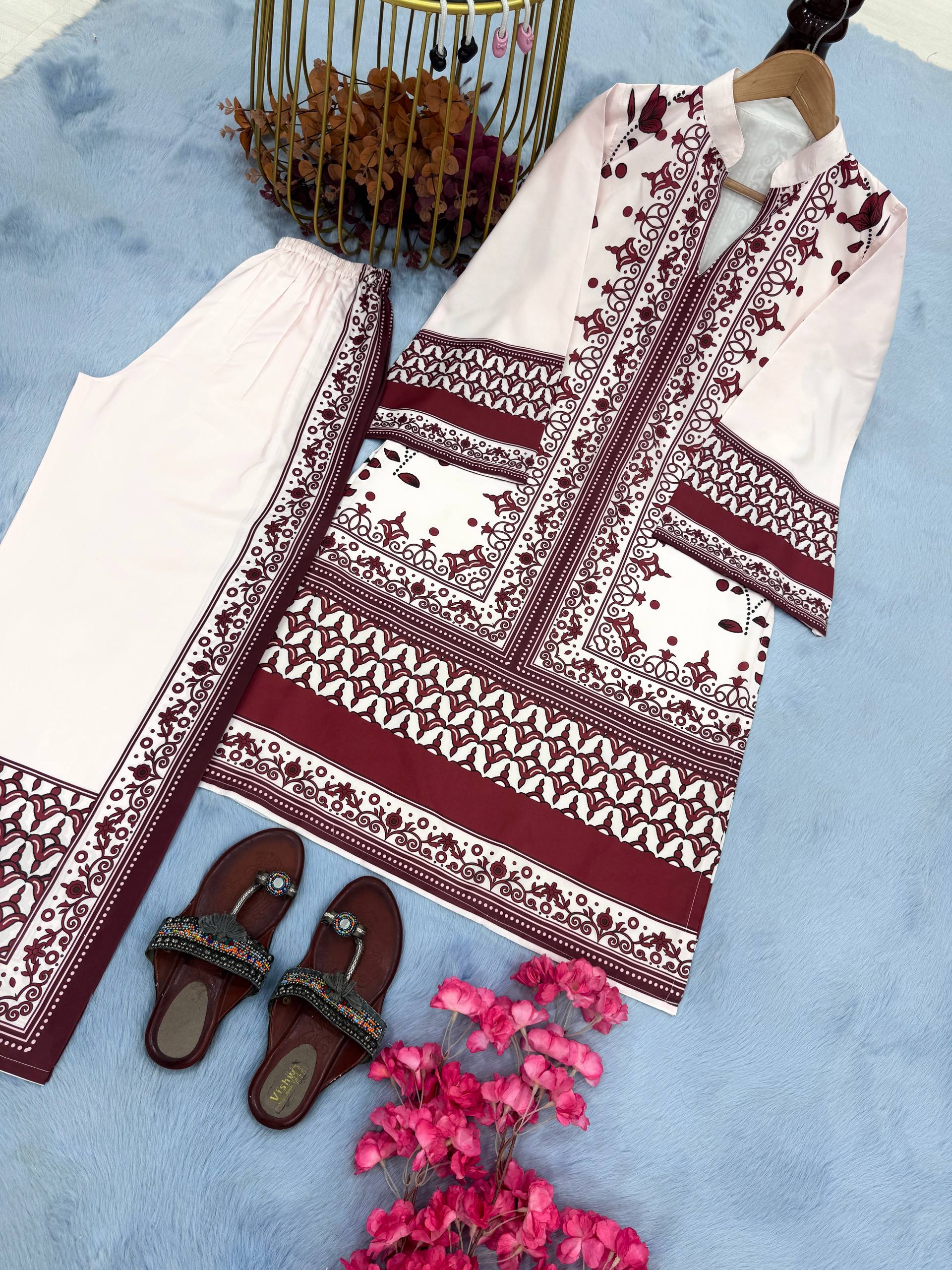 Trendy Red Satin Digital Print Co-ord Set