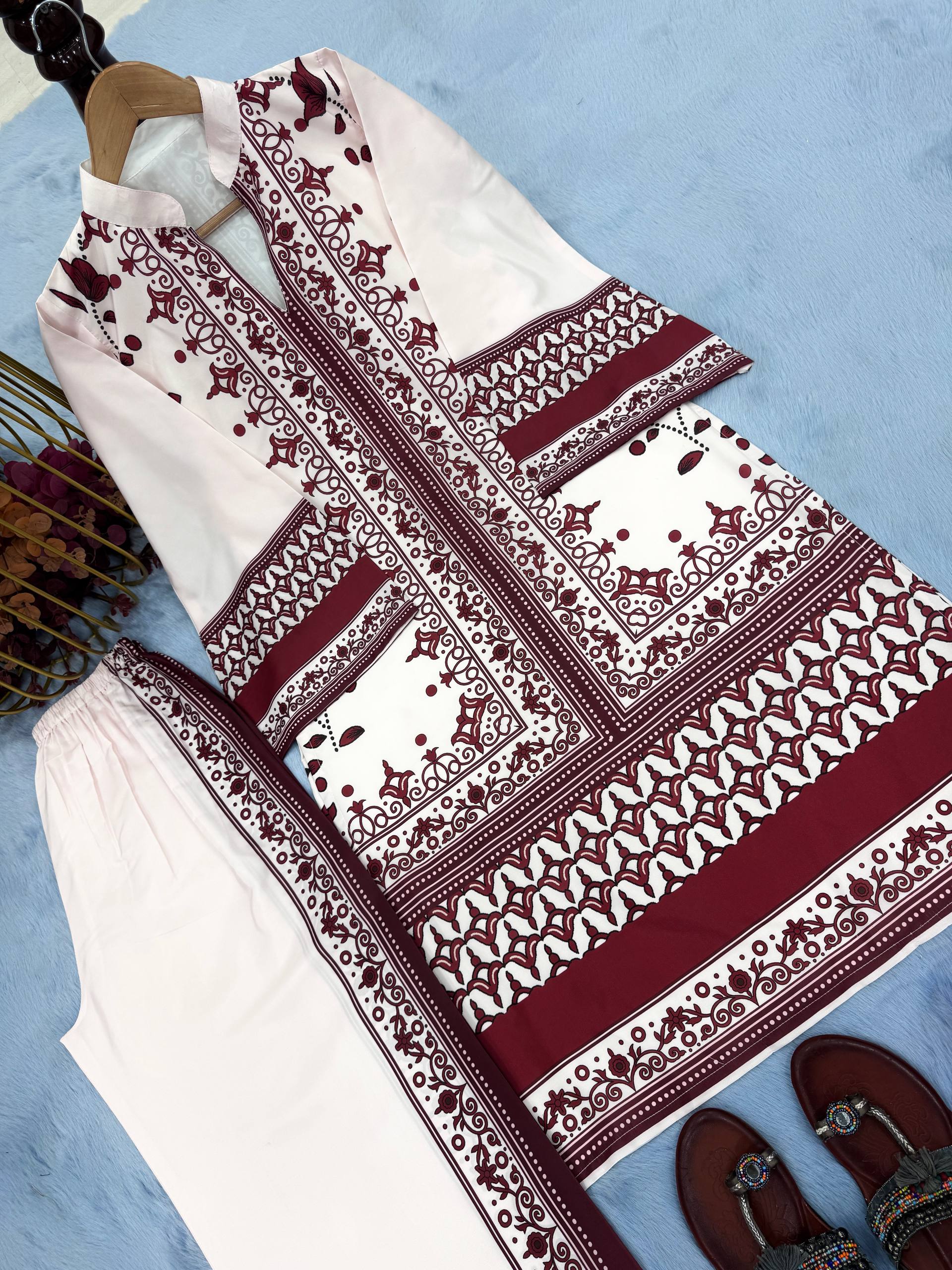 Trendy Red Satin Digital Print Co-ord Set