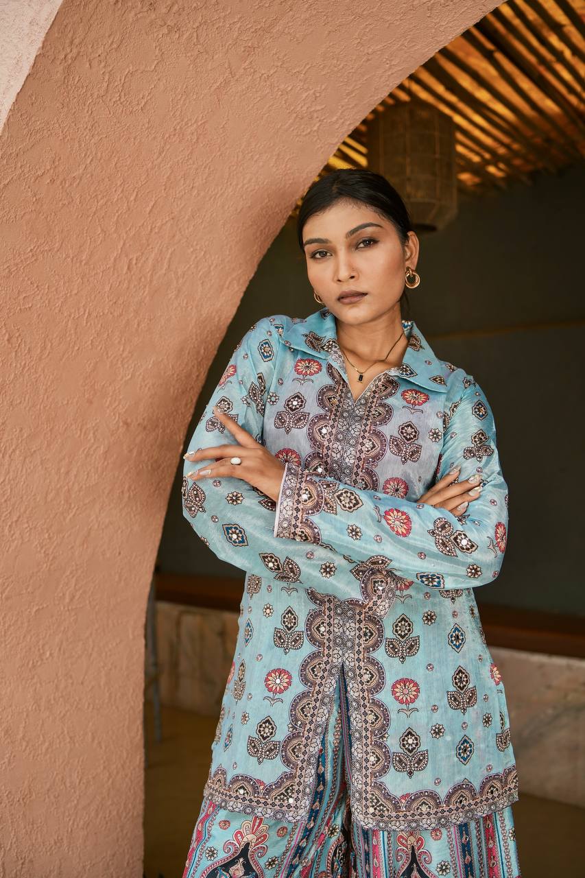 Trendy Sky Blue Chinon Silk Mirror Work Co-Ord Set