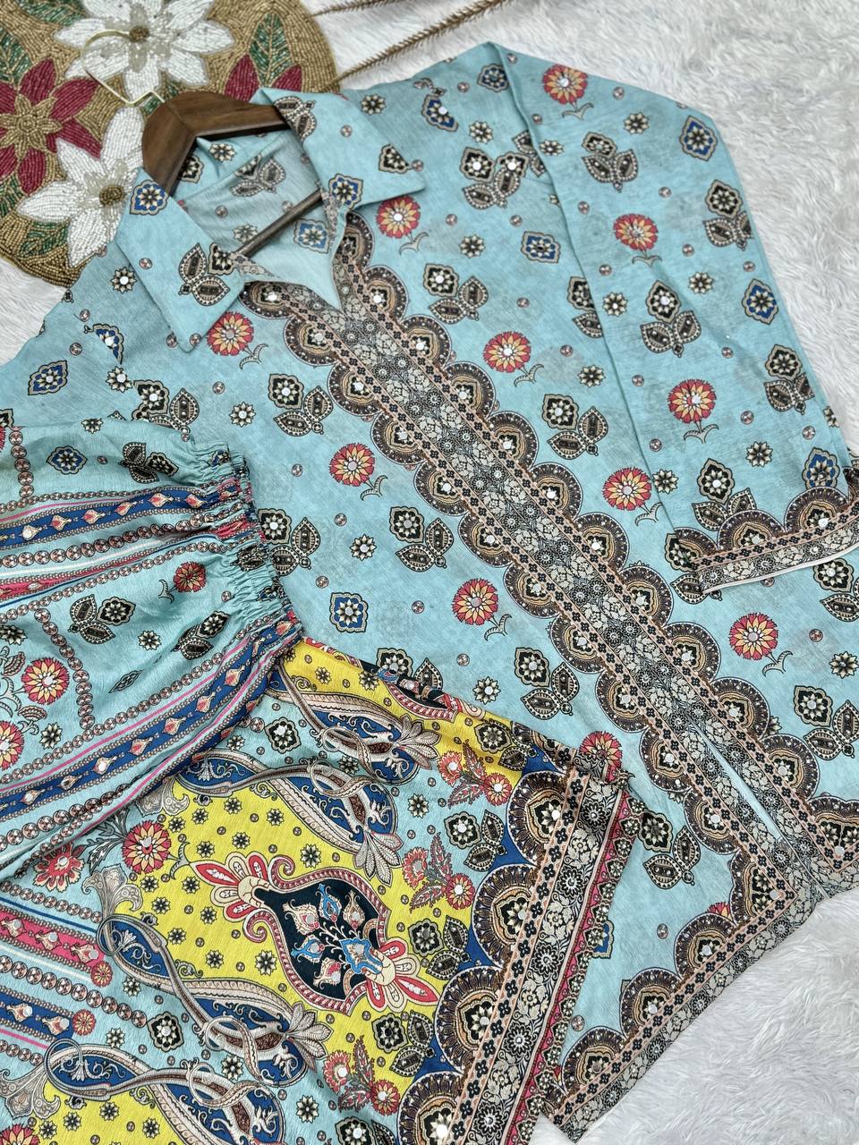 Trendy Sky Blue Chinon Silk Mirror Work Co-Ord Set