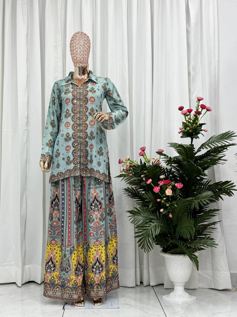 Trendy Sky Blue Chinon Silk Mirror Work Co-Ord Set