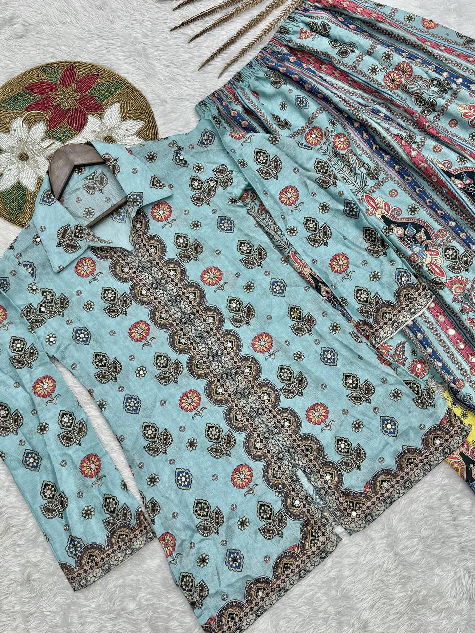 Trendy Sky Blue Chinon Silk Mirror Work Co-Ord Set