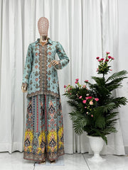 Trendy Sky Blue Chinon Silk Mirror Work Co-Ord Set