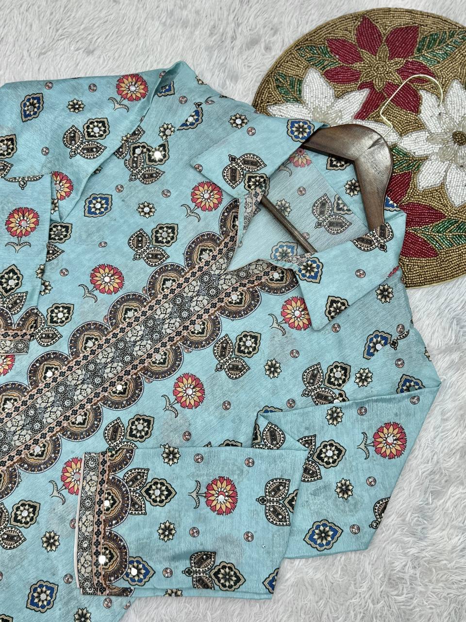 Trendy Sky Blue Chinon Silk Mirror Work Co-Ord Set