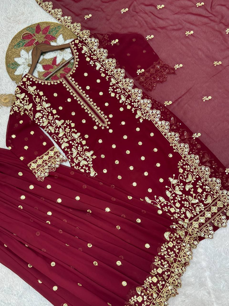 Trendy Maroon Georgette Sequence Work Palazzo Suit