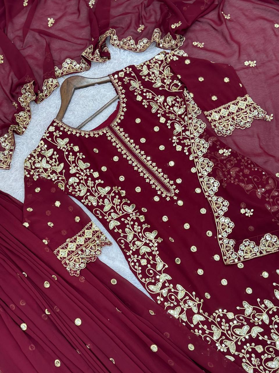 Trendy Maroon Georgette Sequence Work Palazzo Suit
