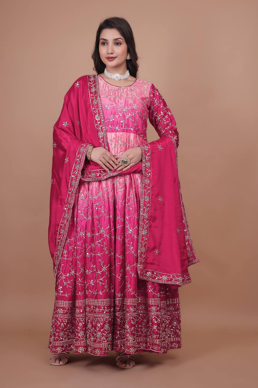 Ravishing Double Shaded Pink Chinon Silk Embroidery Work Gown