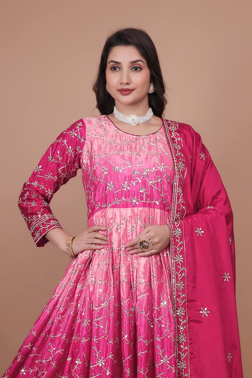 Ravishing Double Shaded Pink Chinon Silk Embroidery Work Gown