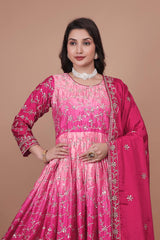 Ravishing Double Shaded Pink Chinon Silk Embroidery Work Gown