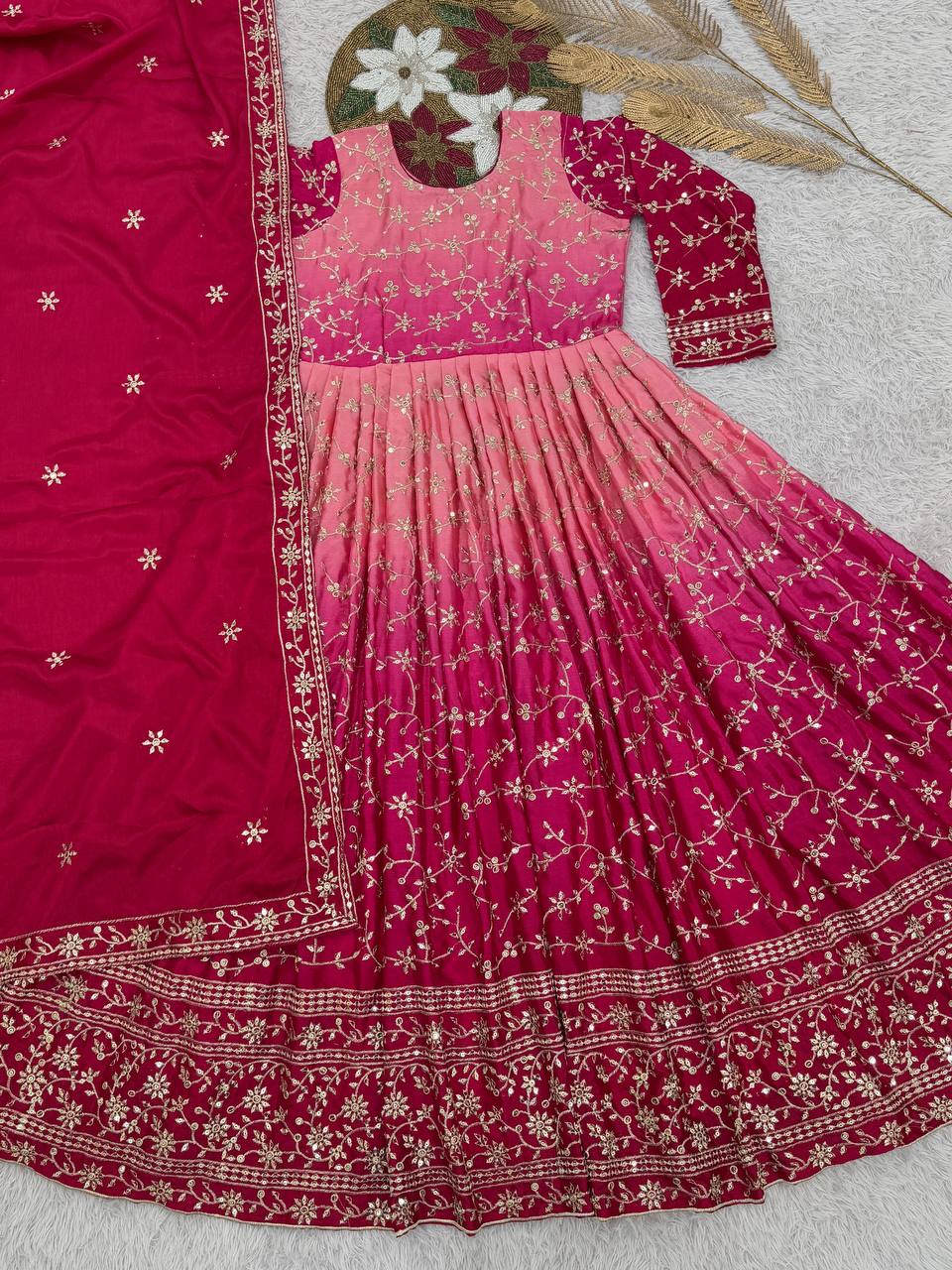 Ravishing Double Shaded Pink Chinon Silk Embroidery Work Gown