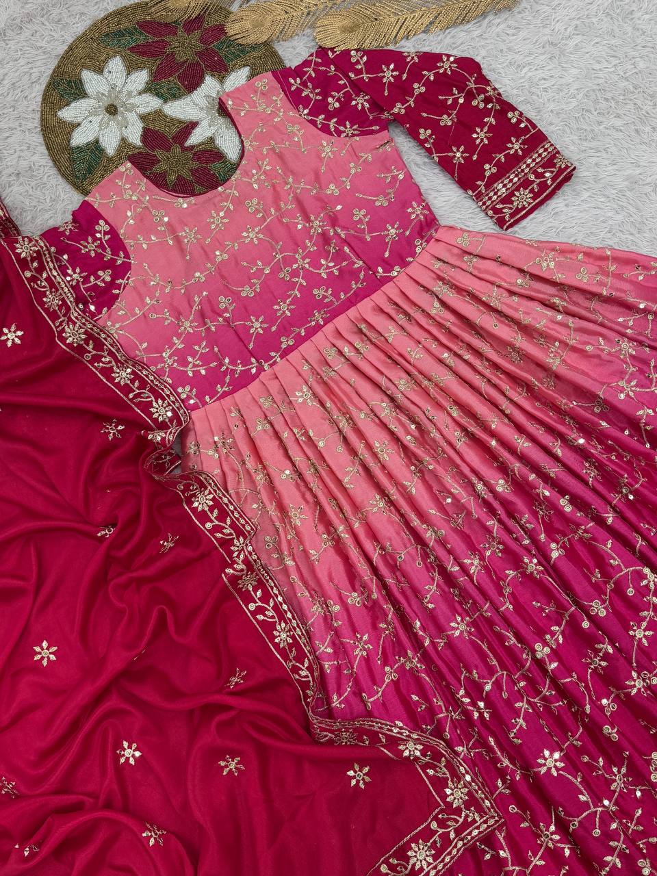 Ravishing Double Shaded Pink Chinon Silk Embroidery Work Gown