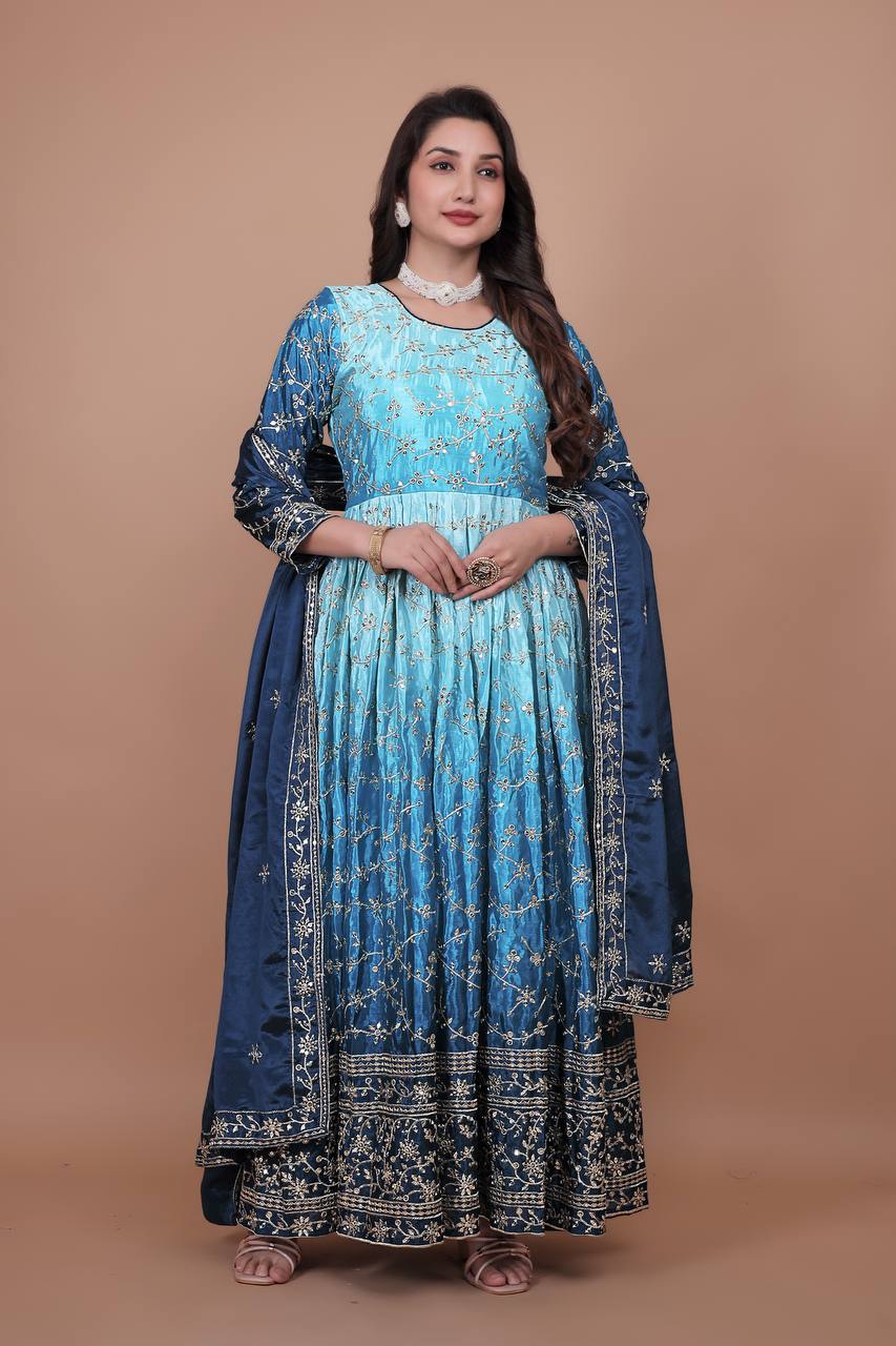 Ravishing Double Shaded Pink Chinon Silk Embroidery Work Gown