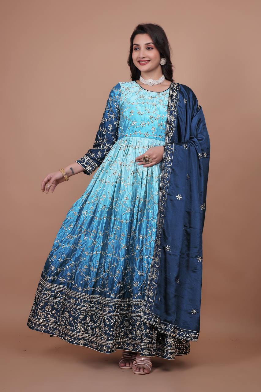 Ravishing Double Shaded Pink Chinon Silk Embroidery Work Gown