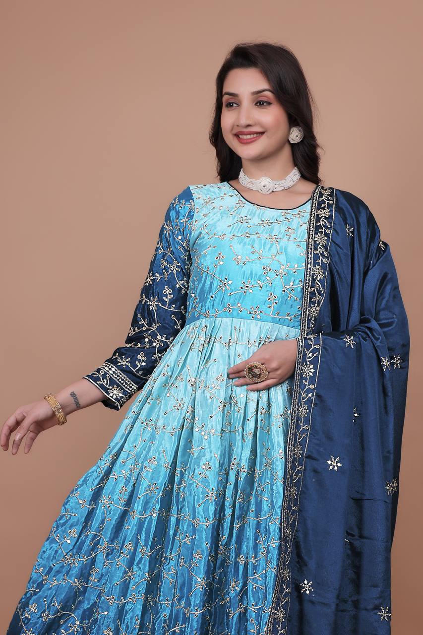 Ravishing Double Shaded Pink Chinon Silk Embroidery Work Gown