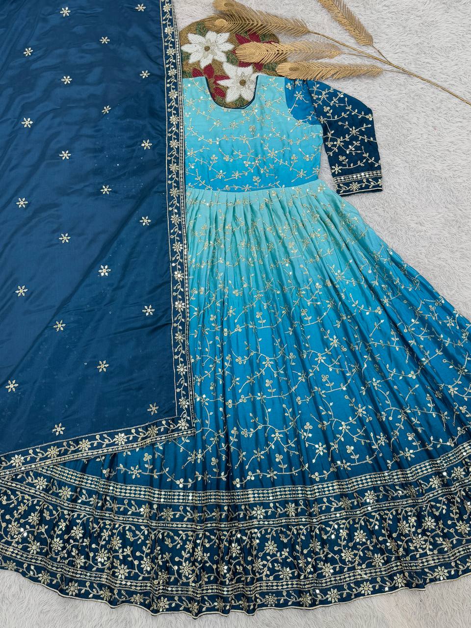 Ravishing Double Shaded Pink Chinon Silk Embroidery Work Gown