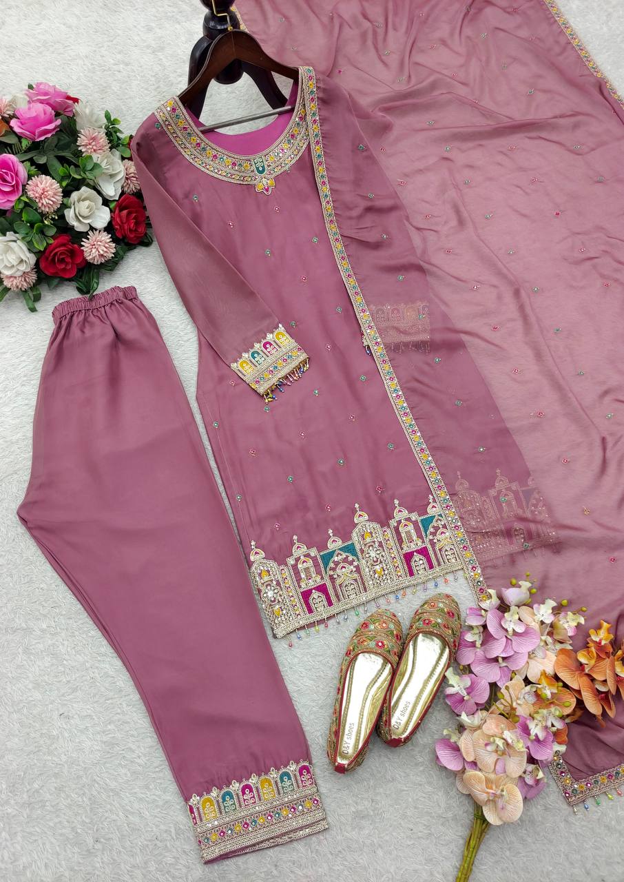 Stylish Pink Organza Work Salwar Suit