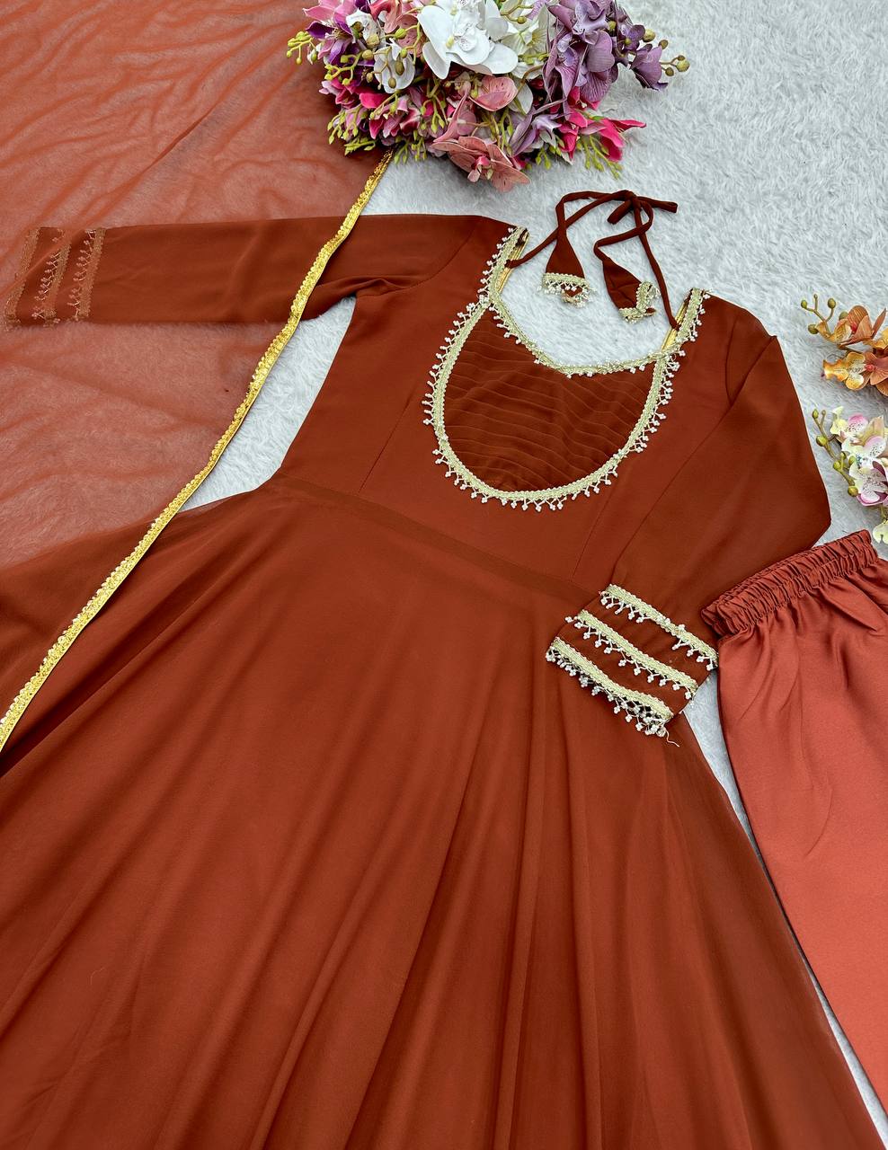 Marvelous Brown Georgette with Moti Work Gown