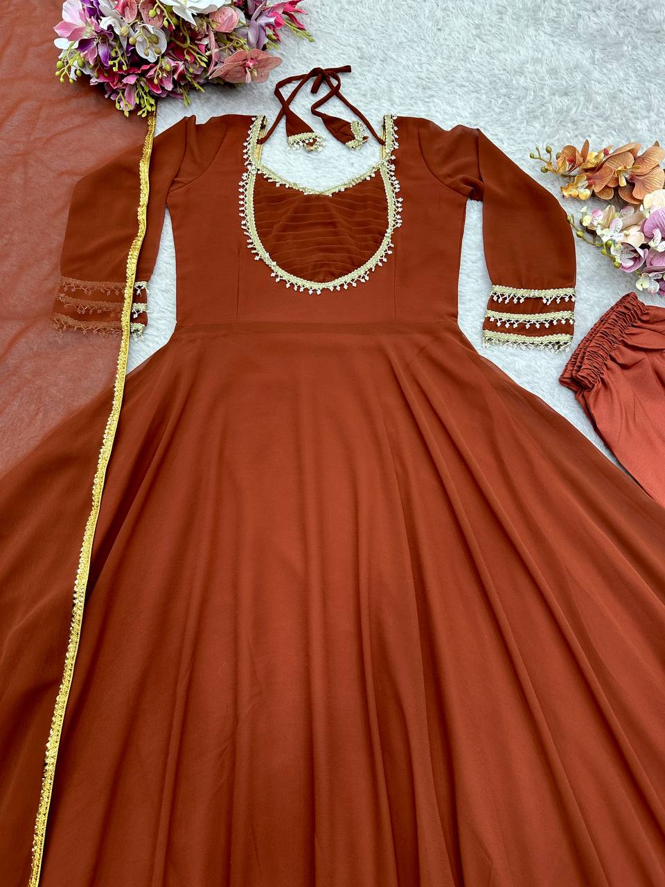 Marvelous Brown Georgette with Moti Work Gown