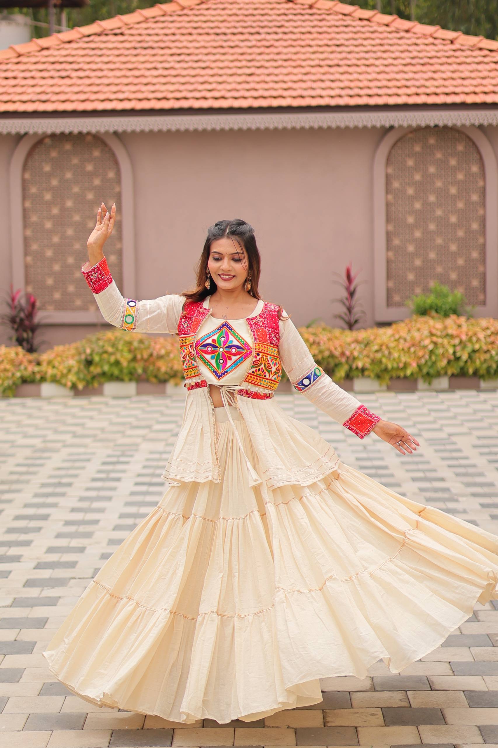 Pretty White Cotton Gamthi Work Navratri Lehenga Choli