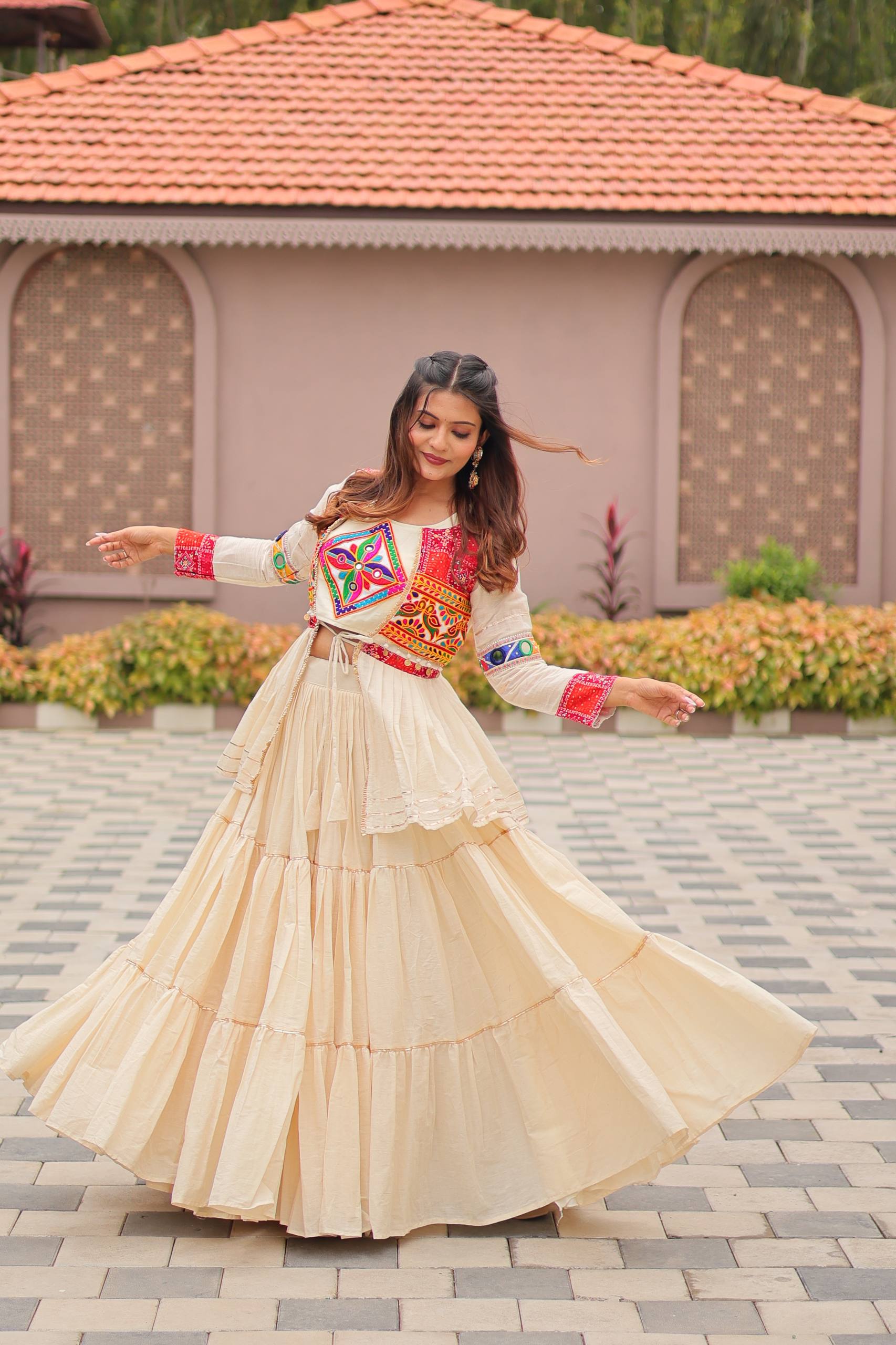 Pretty White Cotton Gamthi Work Navratri Lehenga Choli