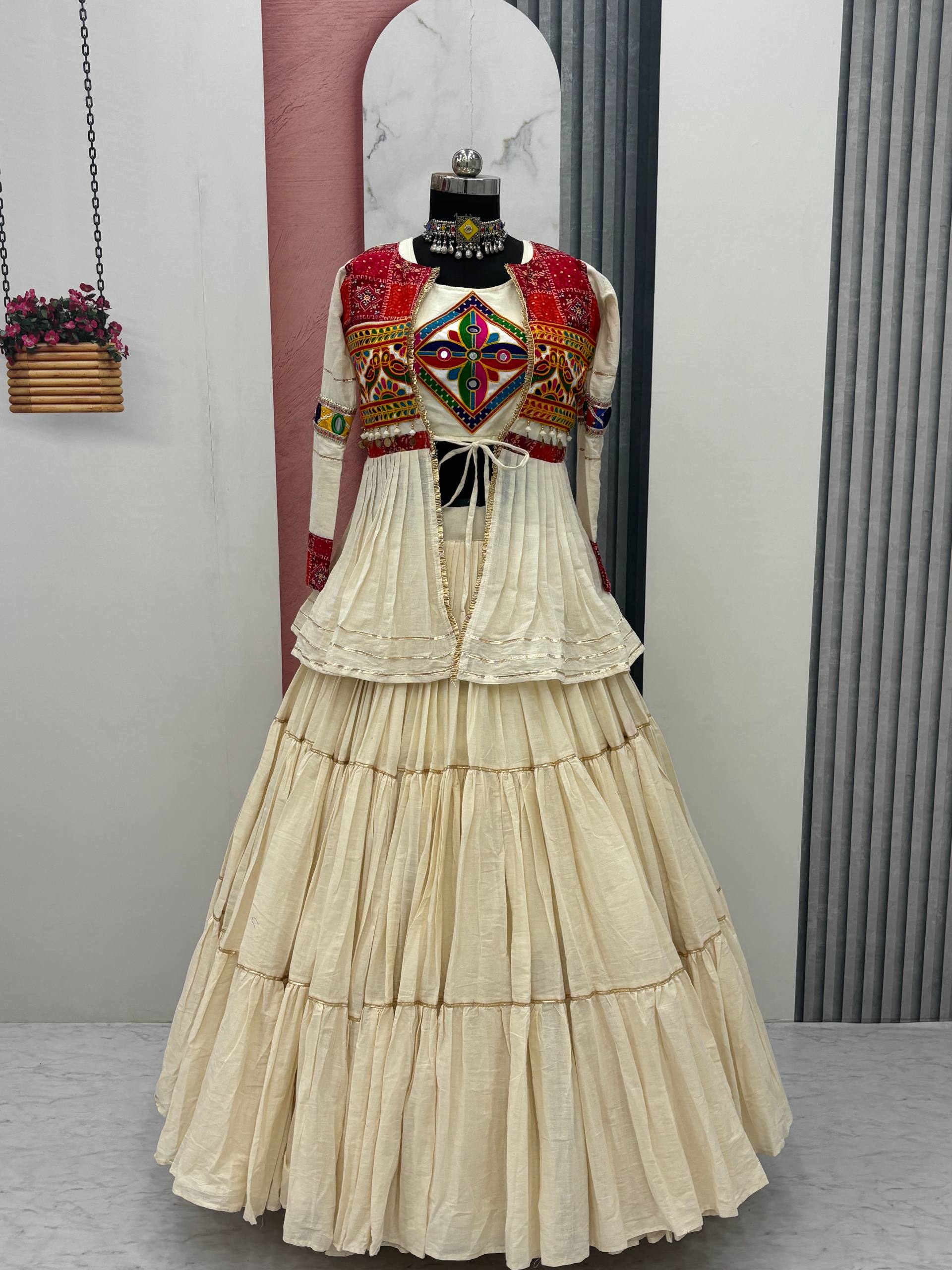 Pretty White Cotton Gamthi Work Navratri Lehenga Choli