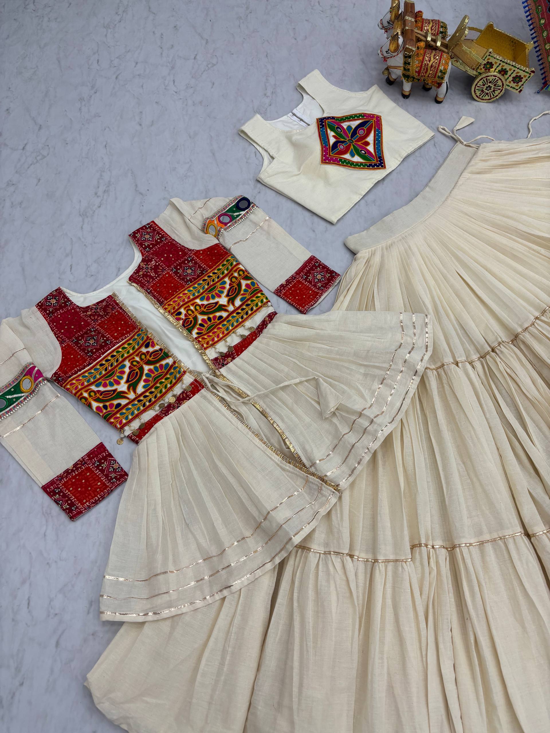 Pretty White Cotton Gamthi Work Navratri Lehenga Choli