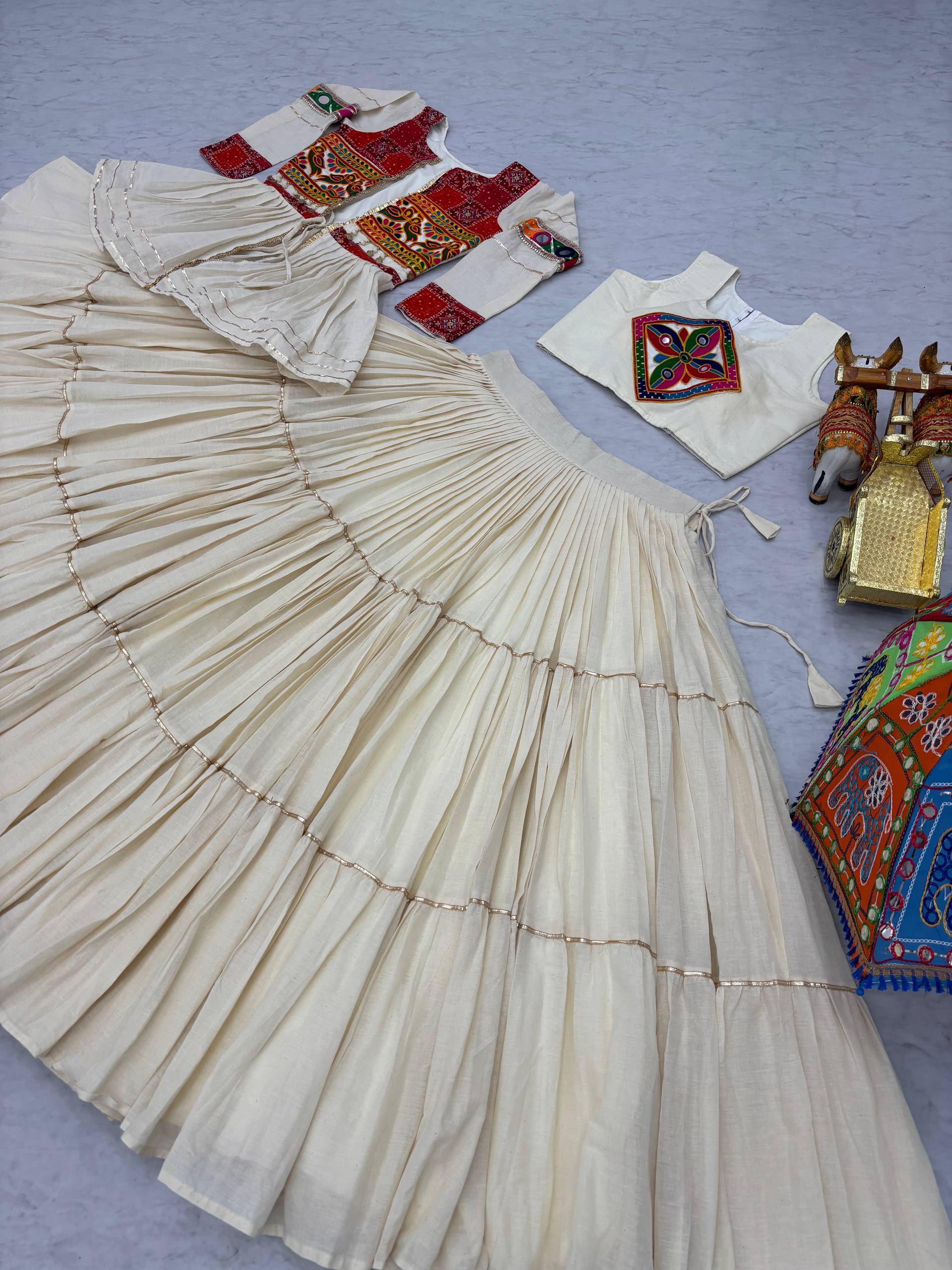 Pretty White Cotton Gamthi Work Navratri Lehenga Choli