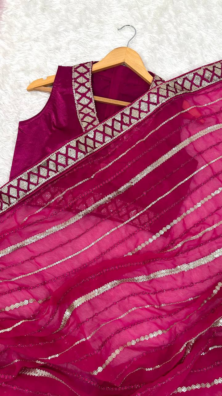 Awesome Pink Georgette Thread Work Saree