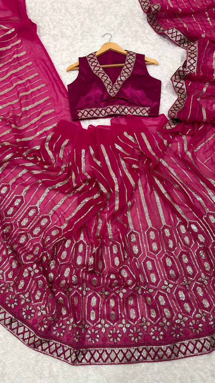 Awesome Pink Georgette Thread Work Saree